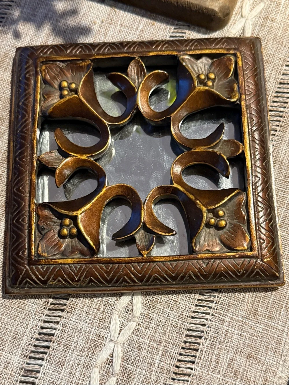 2-Bronze Color Mirrored Wall Plaques With Decorative Floral Scrollwork